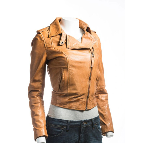 Ladies Tan Biker Leather Jacket